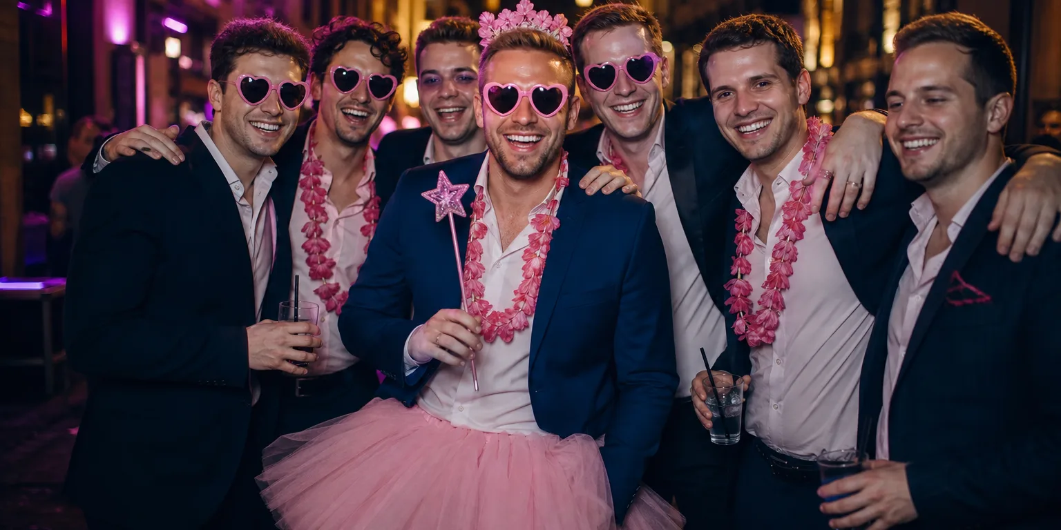 Gruppe im einheitlichen Motto-Look beim Junggesellenabschied, fröhlich posierend