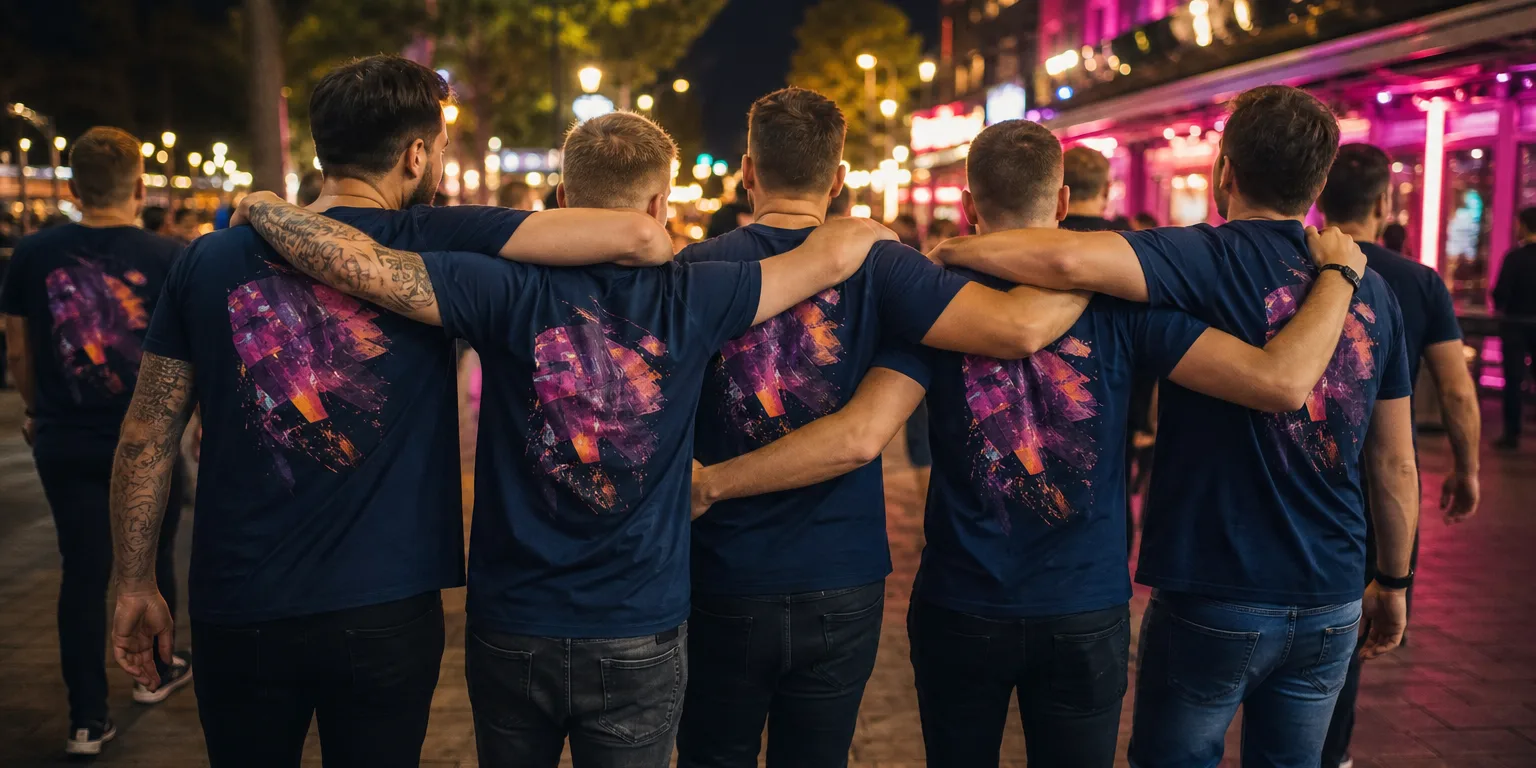 Gruppe von hinten in bedruckten JGA-Shirts, fröhlich unterwegs in der Stadt