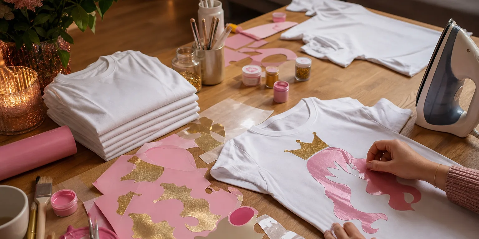 Selbstgestaltete JGA-Shirts mit Bügelfolie, Schablonen und Stofffarben auf einem Basteltisch
