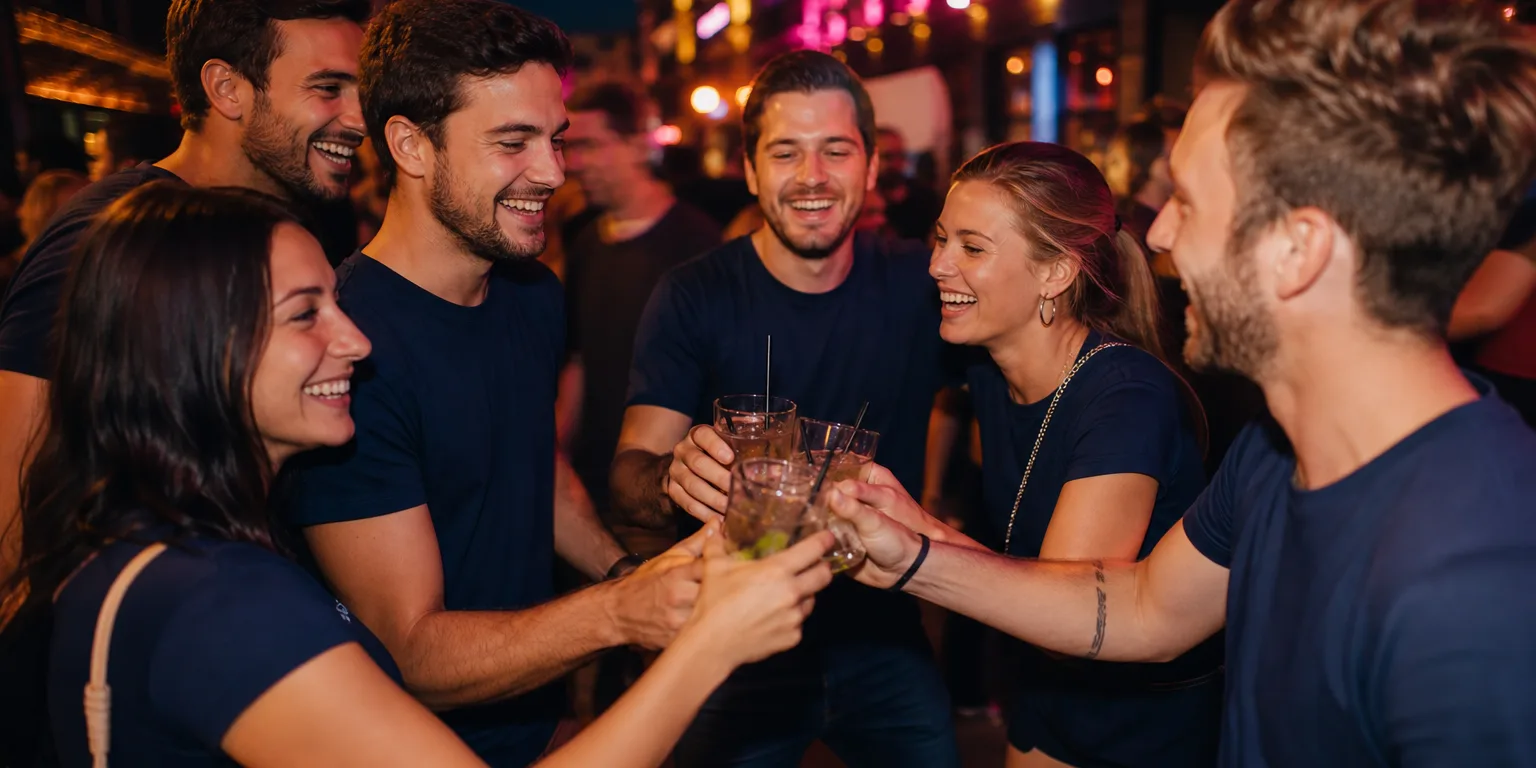 Gruppe in einheitlichen JGA-T-Shirts beim abendlichen Feiern in der Stadt